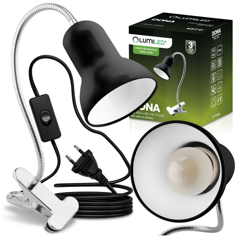 Lampka Biurkowa Lumiled Stołowa Regulowana Szkolna Nocna E27 Klips Czarna 1 szt.