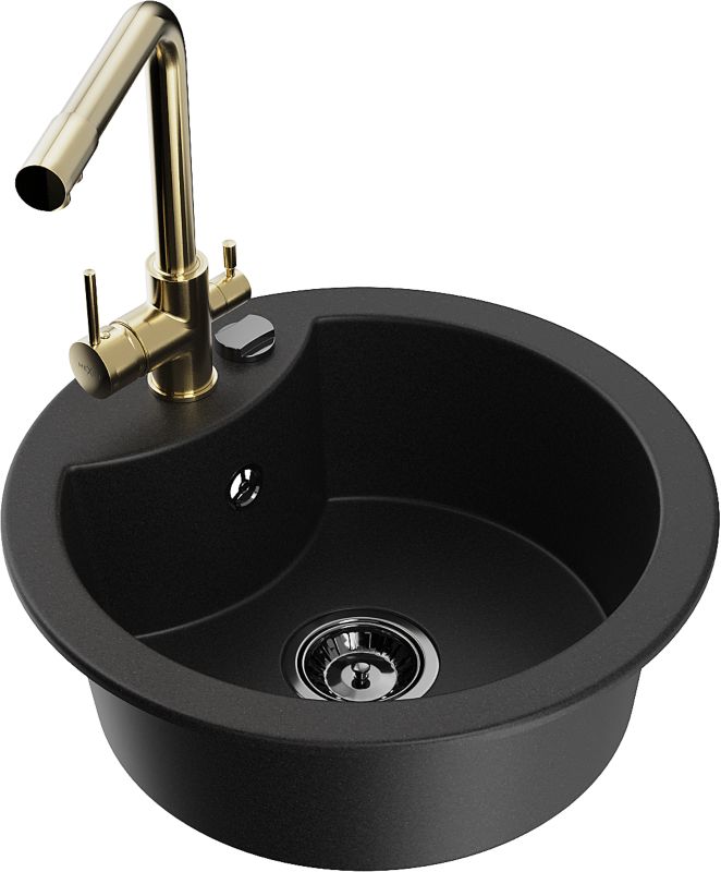 Zlewozmywak granitowy Mexen Diego 1-komorowy z baterią kuchenną Duero czarny 6512-77-671600-50-B