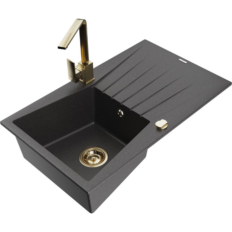 Zlewozmywak granitowy 1-komorowy Mexen Cesar z ociekaczem i baterią kuchenną Rita czarny nakrapiany 6514-76-670300-50
