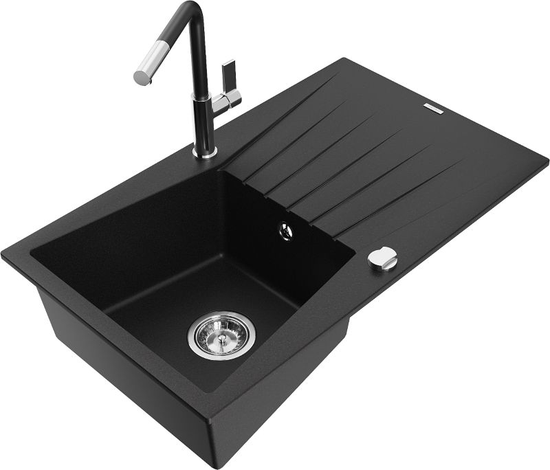 Zlewozmywak granitowy Mexen Cesar 1-komorowy z ociekaczem i baterią kuchenną Rita czarny - 6514-77-670300-50-B 1 szt.