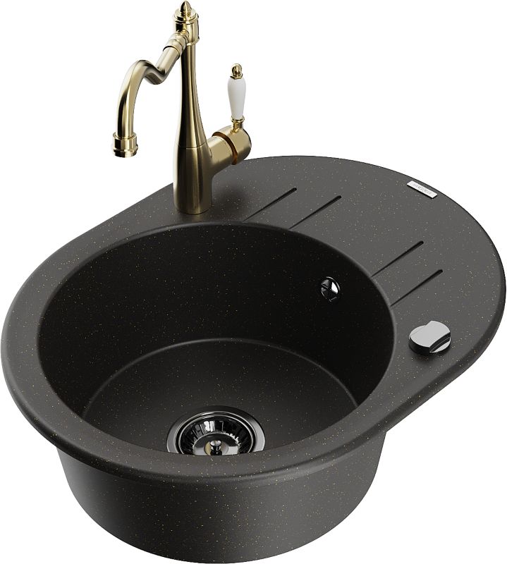 Zlewozmywak granitowy Mexen Kevin 1-komorowy z ociekaczem i baterią kuchenną Carla czarny/złoty 6517-75-670700-50-B