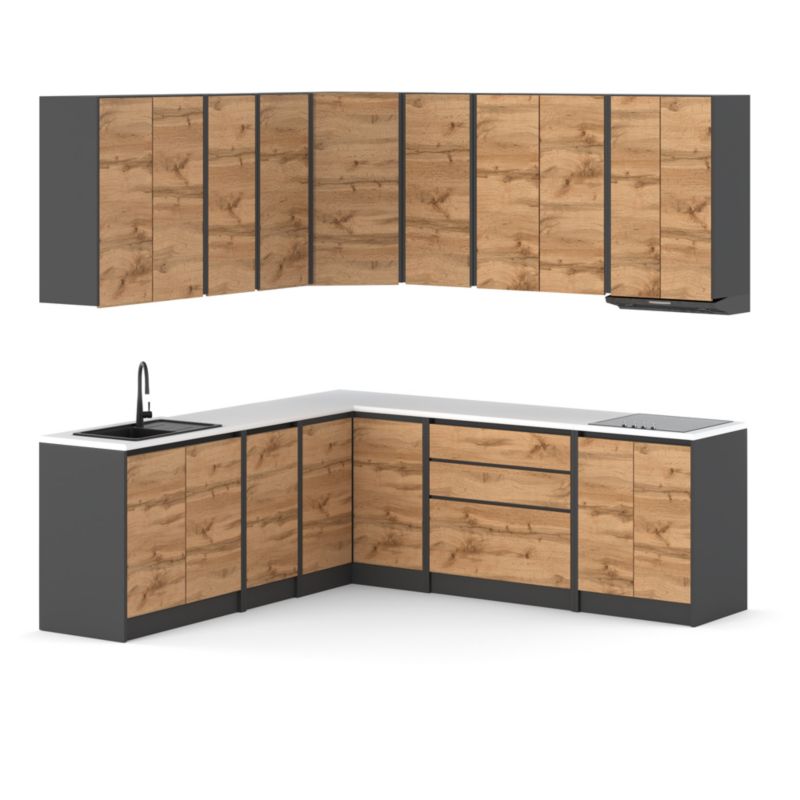 Zestaw Kuchenny Hurtownia-Mebli Z Blatem Kuchnia Bella Narożna 440cm Szary Mat Dąb Wotan 440x47x185 cm 1szt.