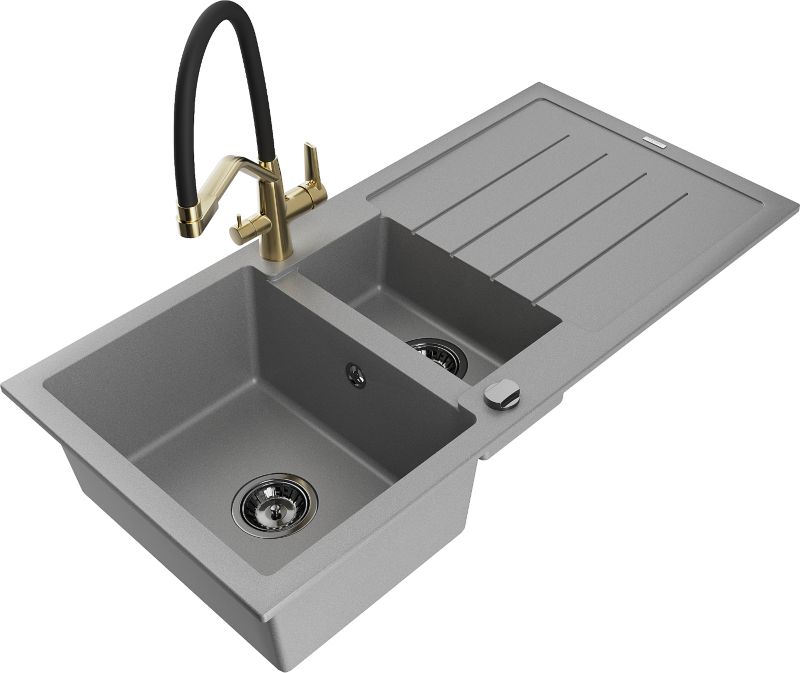 Zlewozmywak granitowy Mexen Andres 1,5-komorowy z ociekaczem i baterią kuchenną Elia beżowy - 6515-69-670101-70 1 szt.