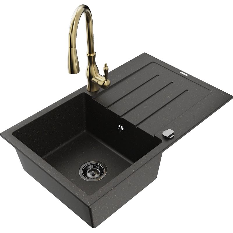 Zlewozmywak granitowy 1-komorowy Mexen Bruno z ociekaczem i baterią kuchenną Savita czarny/złoty metalik 6513-75-672601-50-B