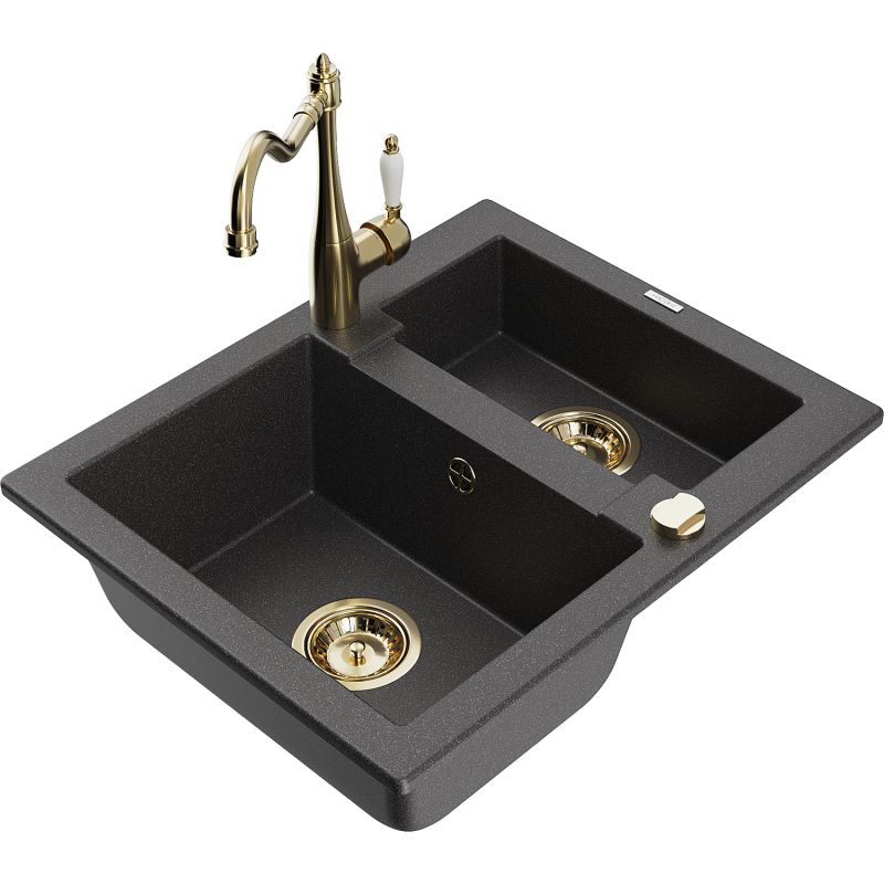 Zlewozmywak granitowy 1.5-komorowy Mexen Carlos z baterią kuchenną Carla czarny nakrapiany 6518-76-670700-50