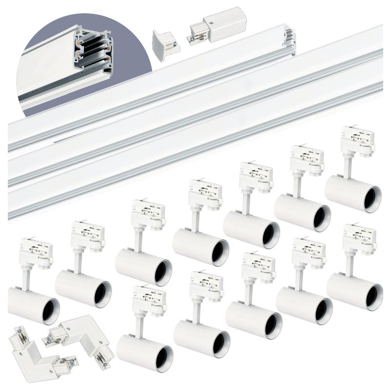 Zestaw szynowy 3-fazowy Kobi 1m+2m+2m, 12x Lampa, 2x łącznik L biały 1kpl.