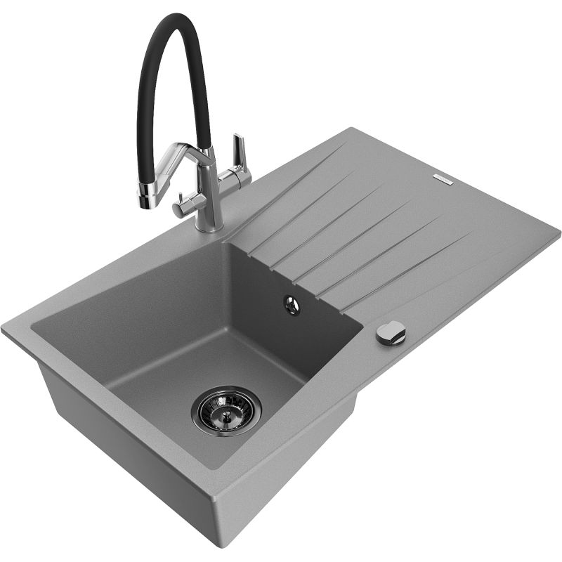 Zlewozmywak granitowy 1-komorowy Mexen Cesar z ociekaczem i baterią kuchenną Duo szary - 6514-71-671701-70-B 1 szt.