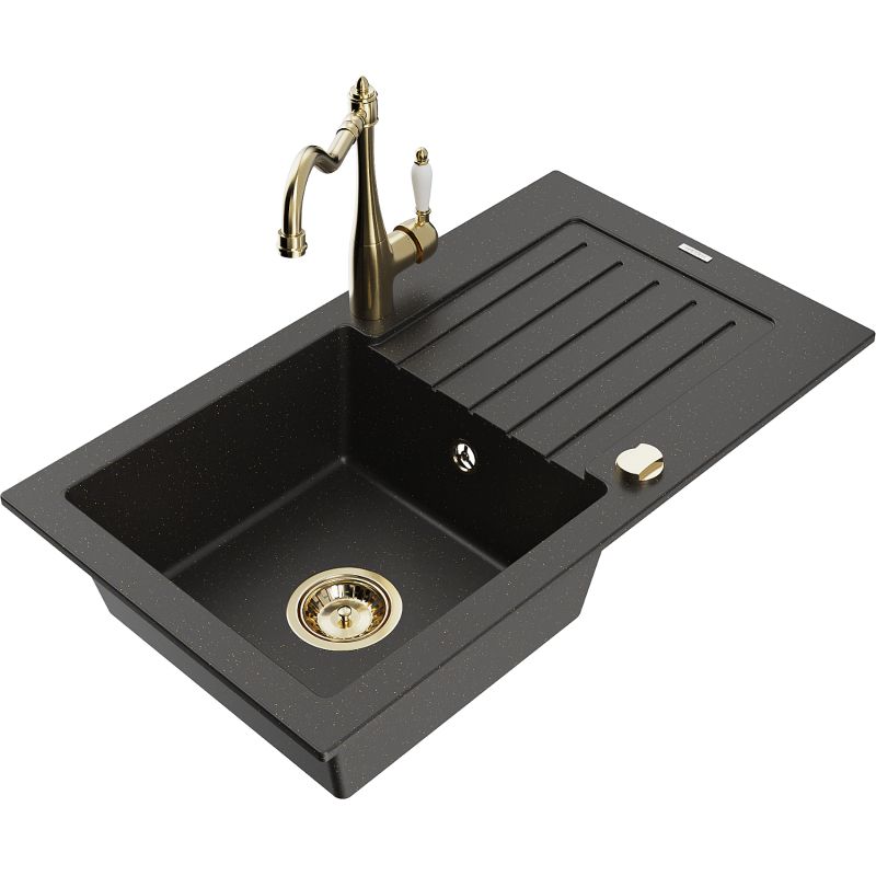 Zlewozmywak granitowy 1-komorowy Mexen Pablo z ociekaczem i baterią kuchenną Carla czarny/złoty metalik 6510-75-670700-50