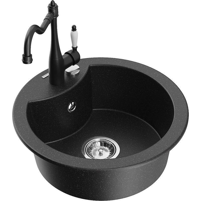 Zlewozmywak granitowy 1-komorowy Mexen Diego z baterią kuchenną Carla czarny/złoty metalik - 6512-75-670700-70 1 szt.