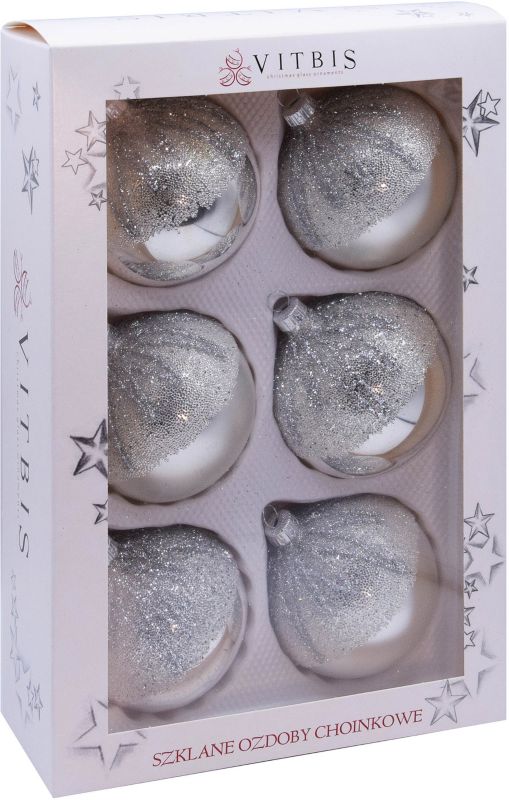 Bombki szklane Vitbis 8 cm dekorowane srebrne 6 szt.