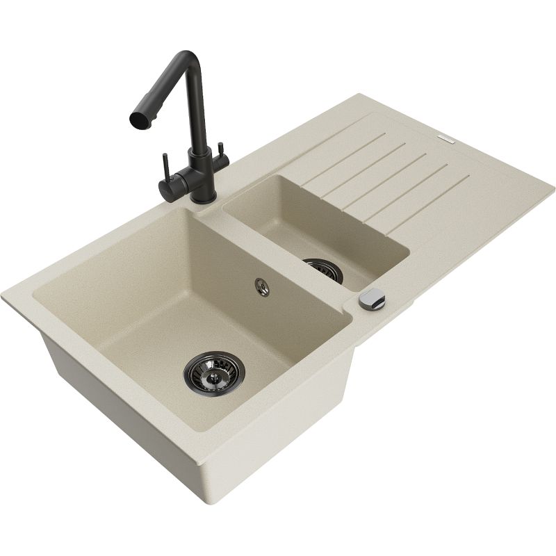 Zlewozmywak granitowy 1.5-komorowy Mexen Matias z ociekaczem i baterią kuchenną Duero biały - 6502-20-671600-70 1 szt.