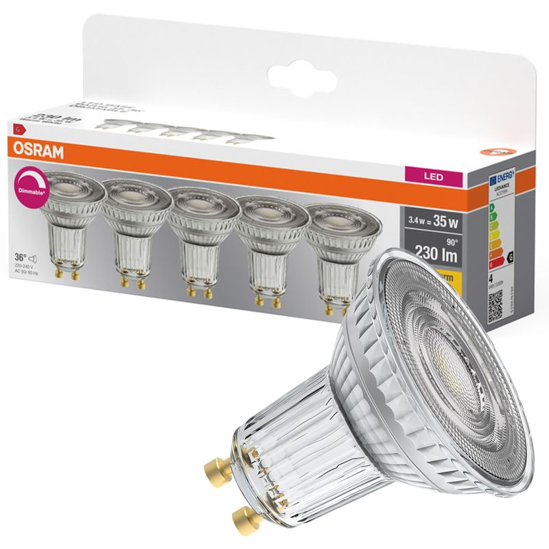 Żarówka LED Osram PAR16 Reflektor GU10 3.4W 230lm 2700K 36st Ściemnialna 5 szt.