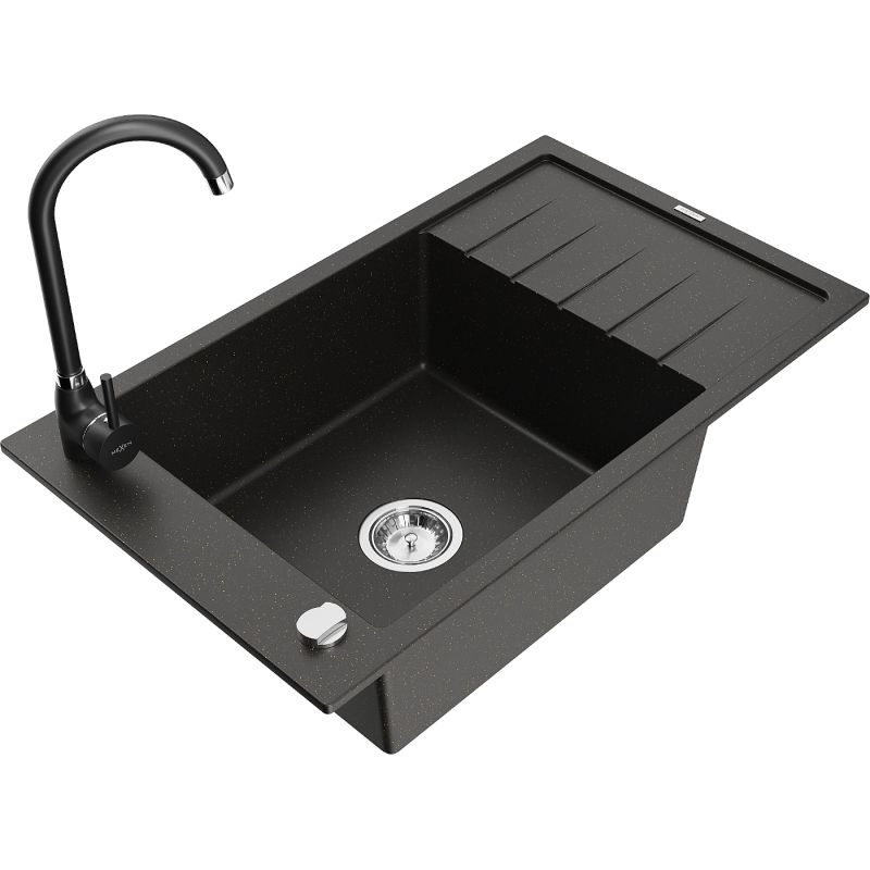 Zlewozmywak granitowy 1-komorowy Mexen Elias z ociekaczem i baterią kuchenną Telma szary - 6511-71-670200-71 1 szt.