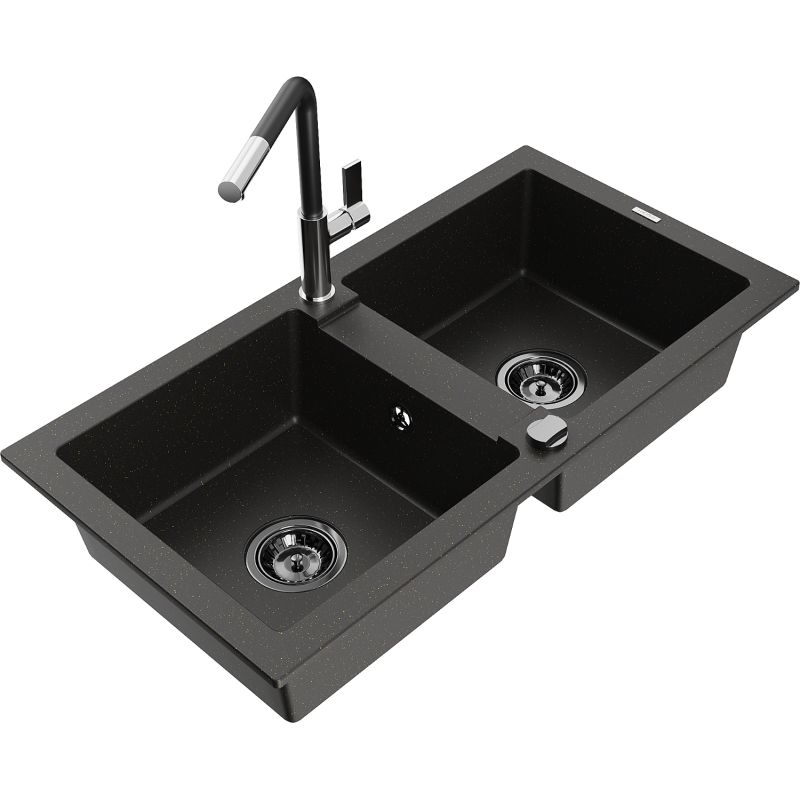 Zlewozmywak granitowy 2-komorowy Mexen Mario z baterią kuchenną Flora czarny/złoty metalik 6504-75-670401-07-B