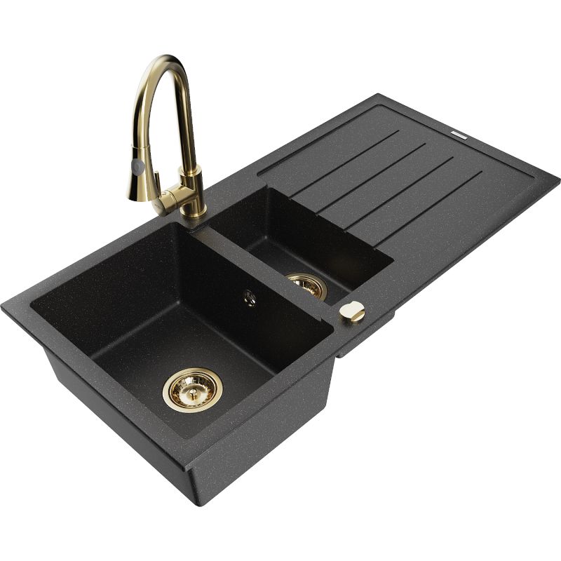 Zlewozmywak granitowy 1.5-komorowy Mexen Andres z ociekaczem i baterią kuchenną Elia czarny/srebrny metalik 6515-73-670101-50