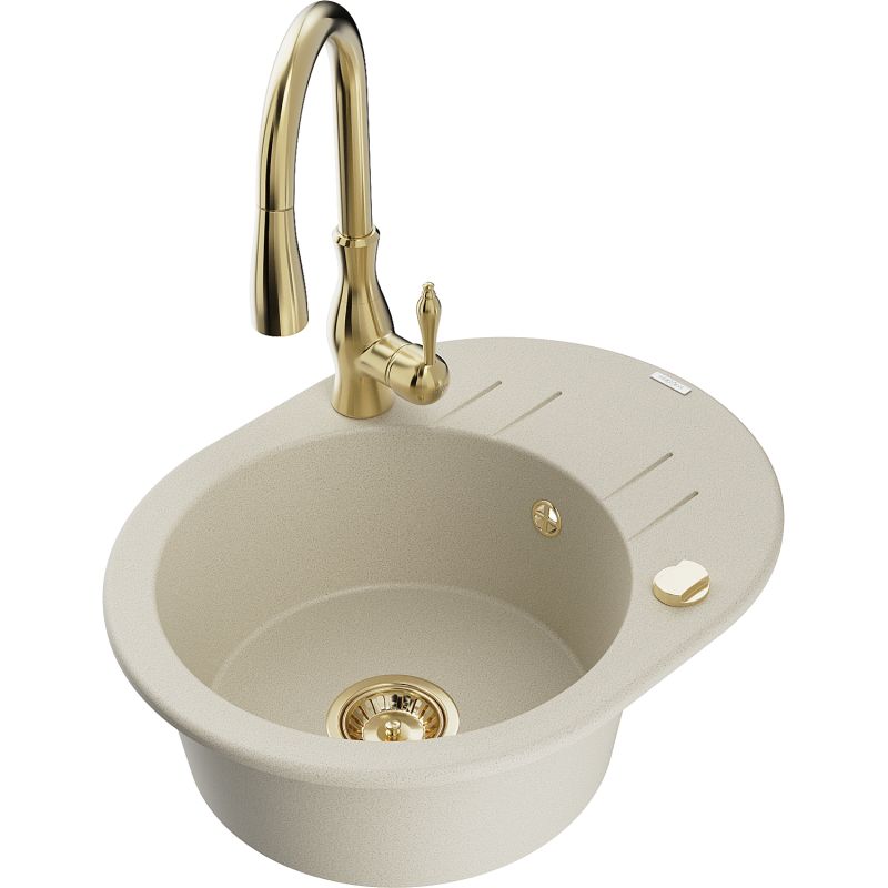 Zlewozmywak granitowy 1-komorowy Mexen Kevin z ociekaczem i baterią kuchenną Savita beżowy 6517-69-672601-50