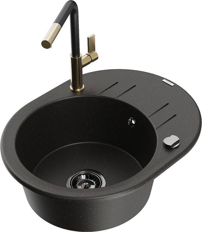 Zlewozmywak granitowy Mexen Kevin 1-komorowy z ociekaczem i baterią kuchenną Flora czarny/złoty 6517-75-670401-57-B