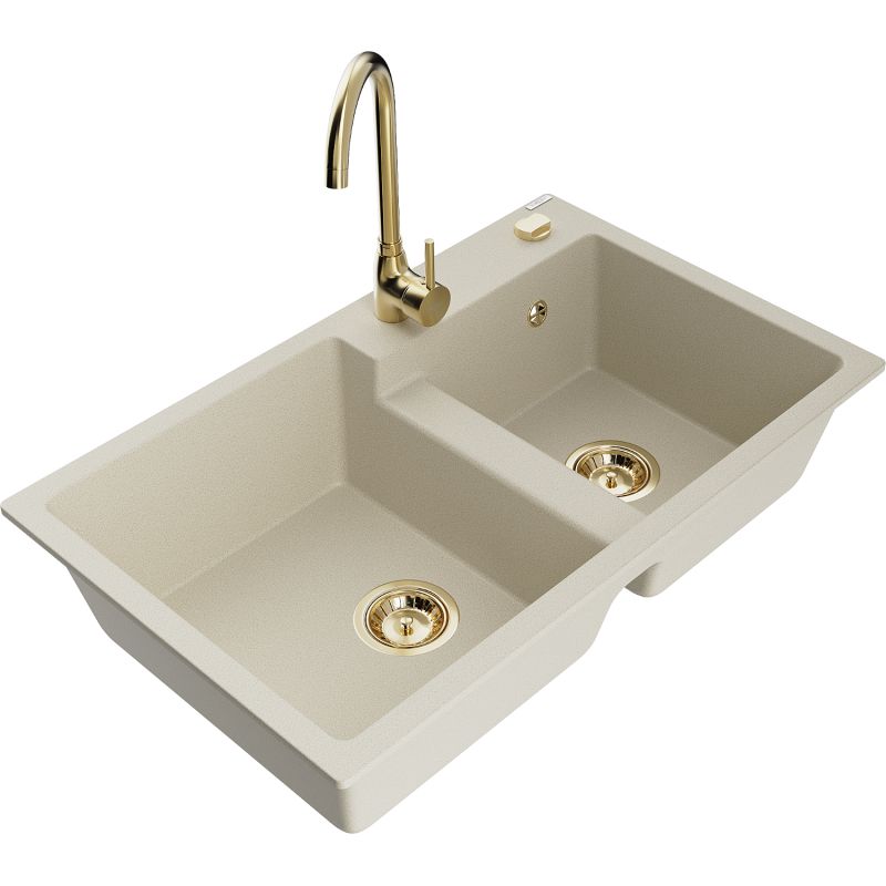 Zlewozmywak granitowy 2-komorowy Mexen Tomas z baterią kuchenną Telma beżowy 6516-69-670200-50