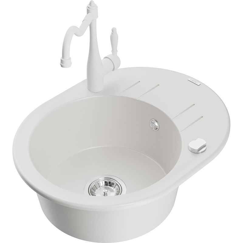 Zlewozmywak granitowy 1-komorowy Mexen Kevin z ociekaczem i baterią kuchenną Carla biały 6517-20-670700-20