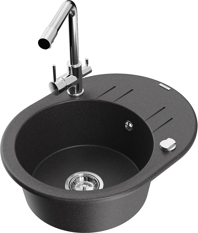 Zlewozmywak granitowy Mexen Kevin 1-komorowy z ociekaczem i baterią kuchenną Duero czarny 6517-76-671600-00