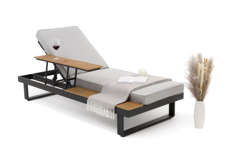 Leżak ogrodowy tarasowy New Home ATOL szaro grafitowy aluminiowy regulowany z podnoszonym stolikiem z deski kompozytowej 1 szt.