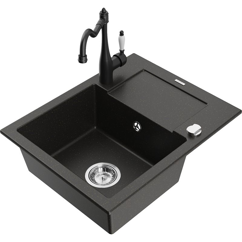 Zlewozmywak granitowy 1-komorowy Mexen Enzo z ociekaczem i baterią kuchenną Carla szary - 6506-71-670700-71 1 szt.