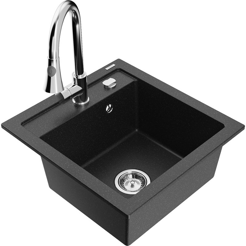 Zlewozmywak granitowy 1-komorowy Mexen Vito z baterią kuchenną Elia czarny/srebrny metalik 6503-73-670101-00