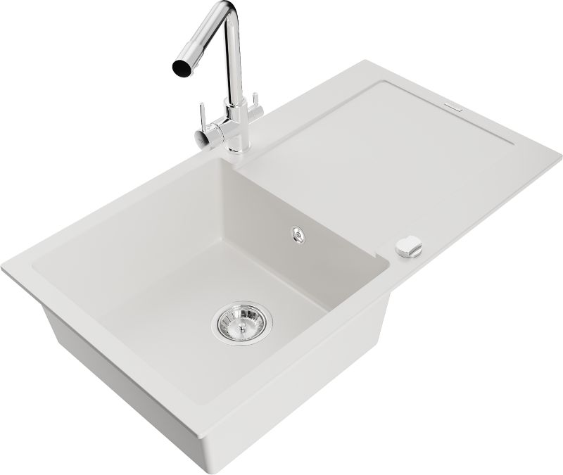 Zlewozmywak granitowy Mexen Leo 1-komorowy z ociekaczem i baterią kuchenną Duero biały - 6501-20-671600-50 1 szt.