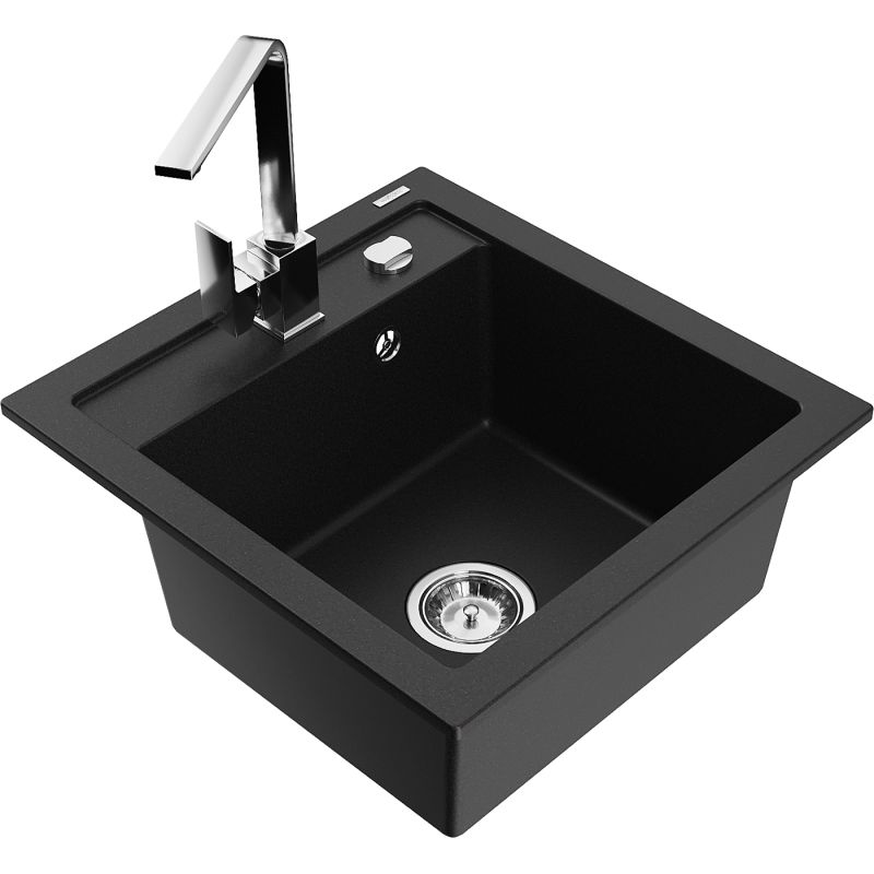 Zlewozmywak granitowy 1-komorowy Mexen Vito z baterią kuchenną Rita czarny 6503-77-670300-00