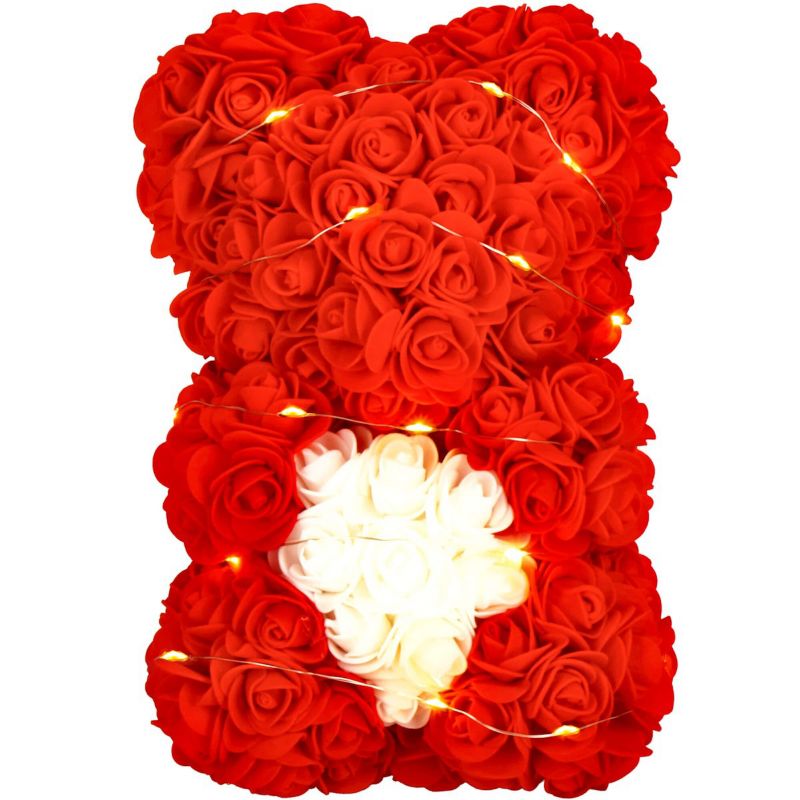 Miś z róż 25 cm czerwony z białym sercem i pudełkiem Springos miś różany LED ciepły biały 1 szt.