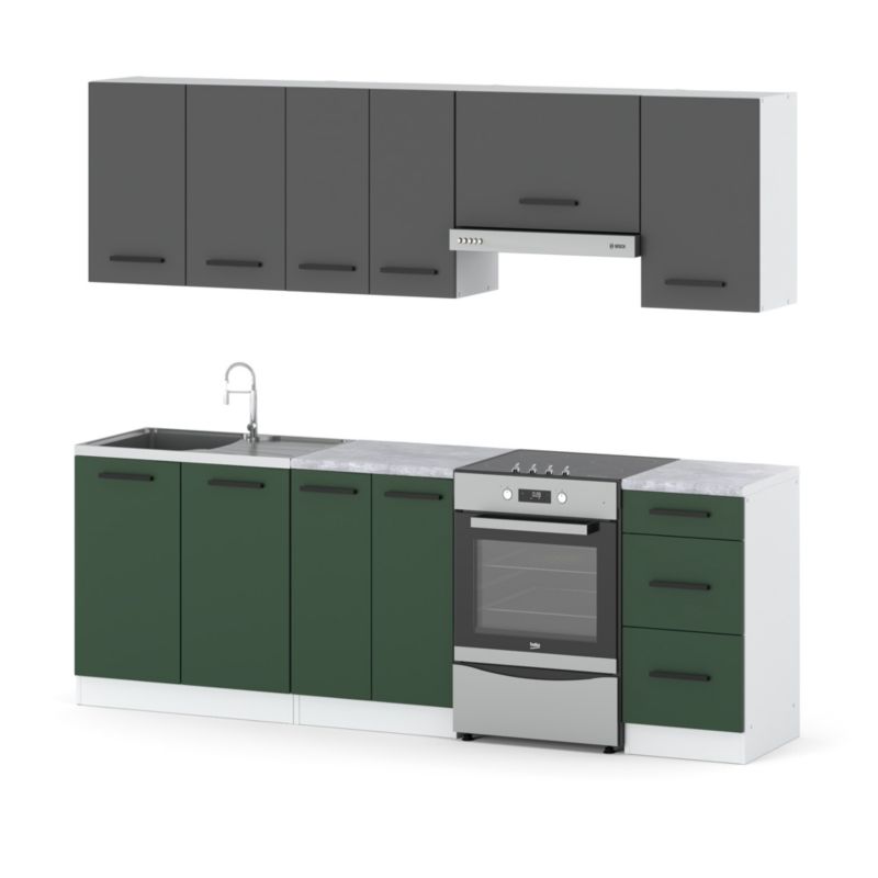 Zestaw Kuchenny Hurtownia-Mebli Z Blatem Kuchnia Mokka 240cm Biały Mat Szary Mat/Butelkowa Zieleń 240x47x145 cm 1szt.