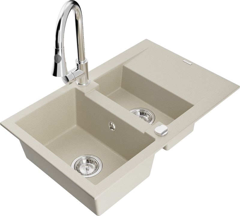 Zlewozmywak granitowy Mexen Gaspar 1,5-komorowy z ociekaczem i baterią kuchenną Elia beżowy 6507-69-670101-00