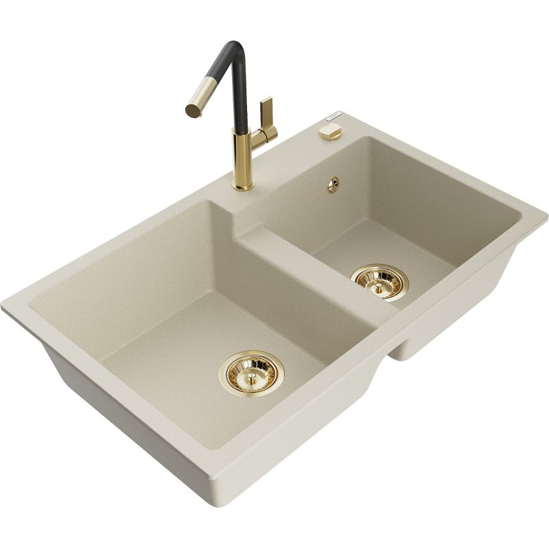 Zlewozmywak granitowy 2-komorowy Mexen Tomas z baterią kuchenną Flora beżowy 6516-69-670401-57-G