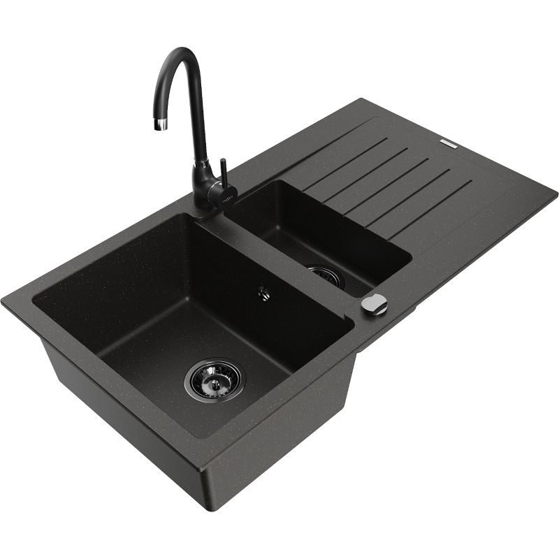 Zlewozmywak granitowy 1.5-komorowy Mexen Matias z ociekaczem i baterią kuchenną Telma czarny/złoty 6502-75-670200-70-B