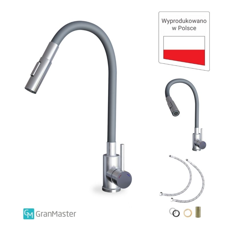 Bateria kuchenna GranMaster Flessila z Elastyczną Wylewką Szara & Stalowa Dwufunkcyjna POLSKA PRODUKCJA 1szt.