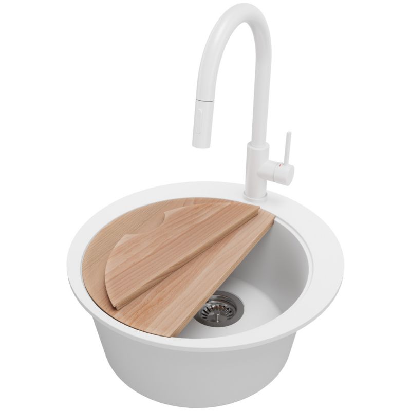 Zlewozmywak Granitowy Okrągły Piza PRIMAGRAN Nablatowy 50x50cm do szafki od 45cm, Biały + Bateria + Syfon + Deska, S043, 1 szt.