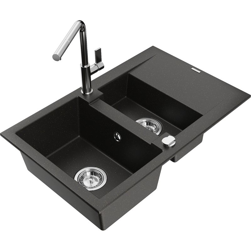 Zlewozmywak granitowy 1.5-komorowy Mexen Gaspar z ociekaczem i baterią kuchenną Flora czarny/złoty metalik 6507-75-670401-00