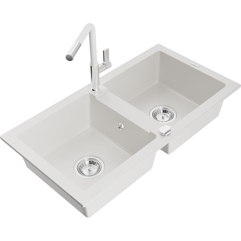 Zlewozmywak granitowy 2-komorowy Mexen Mario z baterią kuchenną Flora biały 6504-20-670401-02
