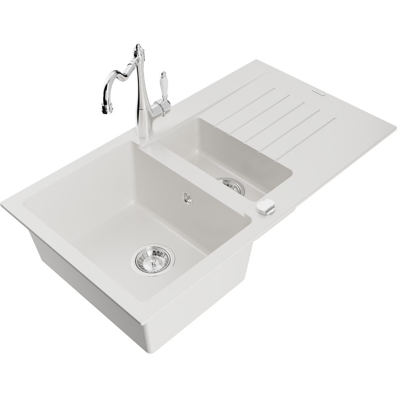 Zlewozmywak granitowy 1.5-komorowy Mexen Matias z ociekaczem i baterią kuchenną Carla biały 6502-20-670700-00