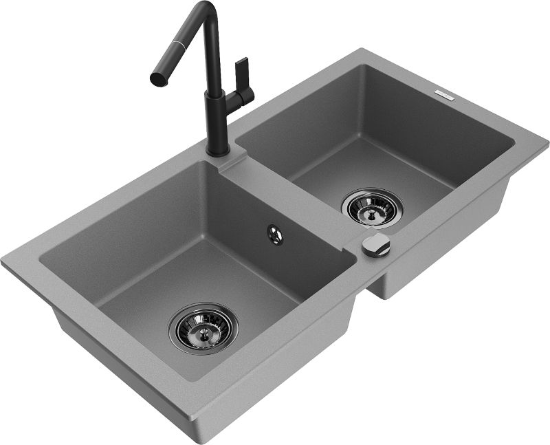Zlewozmywak granitowy Mexen Mario 2-komorowy z baterią kuchenną Rita szary - 6504-71-670300-71 1 szt.