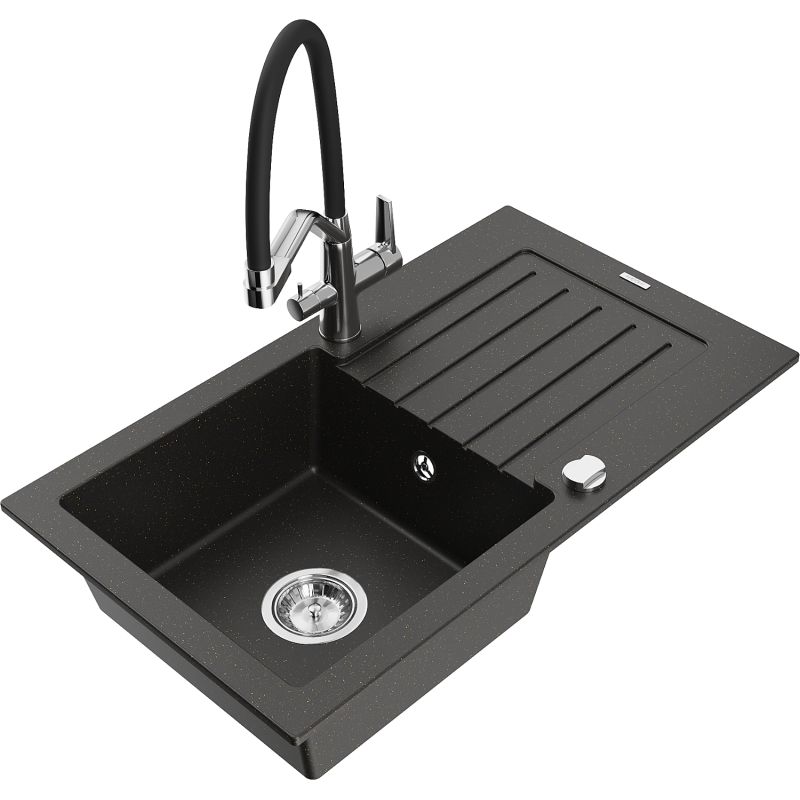 Zlewozmywak granitowy 1-komorowy Mexen Pablo z ociekaczem i baterią kuchenną Duo czarny/złoty metalik 6510-75-671701-07