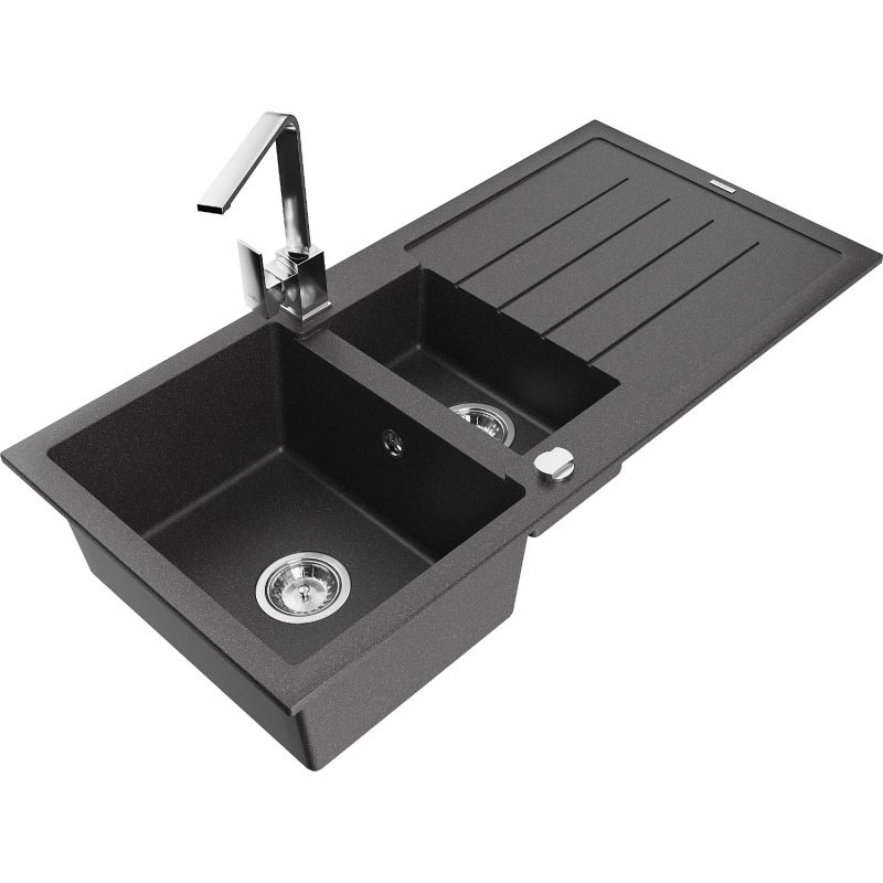 Zlewozmywak granitowy 1.5-komorowy Mexen Andres z ociekaczem i baterią kuchenną Rita czarny nakrapiany 6515-76-670300-00