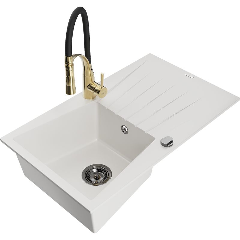 Zlewozmywak granitowy 1-komorowy Mexen Cesar z ociekaczem i baterią kuchenną Aster biały 6514-20-73450-57-B