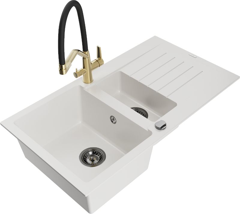 Zlewozmywak granitowy Mexen Matias 1,5-komorowy z ociekaczem i baterią kuchenną Duo czarny - 6502-76-671701-57-B 1 szt.