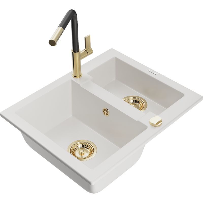 Zlewozmywak granitowy 1.5-komorowy Mexen Carlos z baterią kuchenną Flora biały 6518-20-670401-57-G