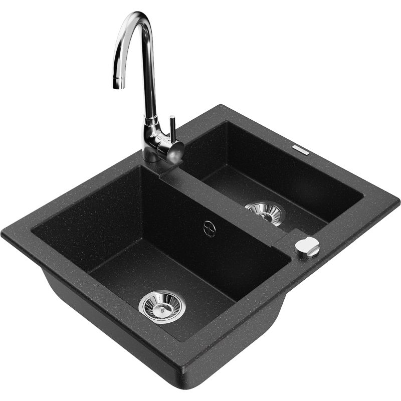 Zlewozmywak granitowy 1.5-komorowy Mexen Carlos z baterią kuchenną Telma czarny/srebrny metalik 6518-73-670200-00