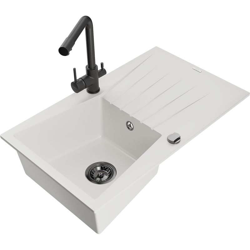 Zlewozmywak granitowy 1-komorowy Mexen Cesar z ociekaczem i baterią kuchenną Duero czarny nakrapiany - 6514-76-671600-76 1 szt.