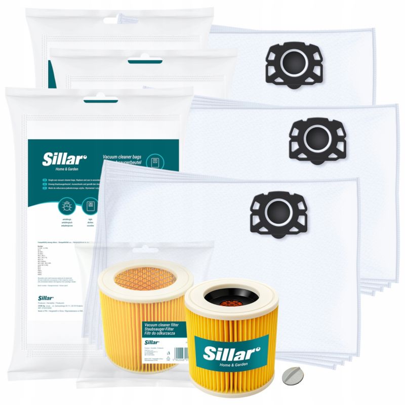 Worki do odkurzacza, Sillar, syntetyczne, 12szt +filtr, wzmocniony, 1szt, zamienniki, do odkurzacza Karcher WD1 WD2 WD3 KWD, 13szt