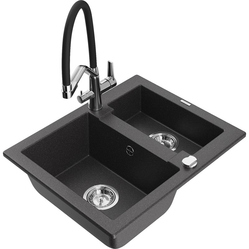 Zlewozmywak granitowy 1.5-komorowy Mexen Carlos z baterią kuchenną Duo czarny nakrapiany 6518-76-671701-07