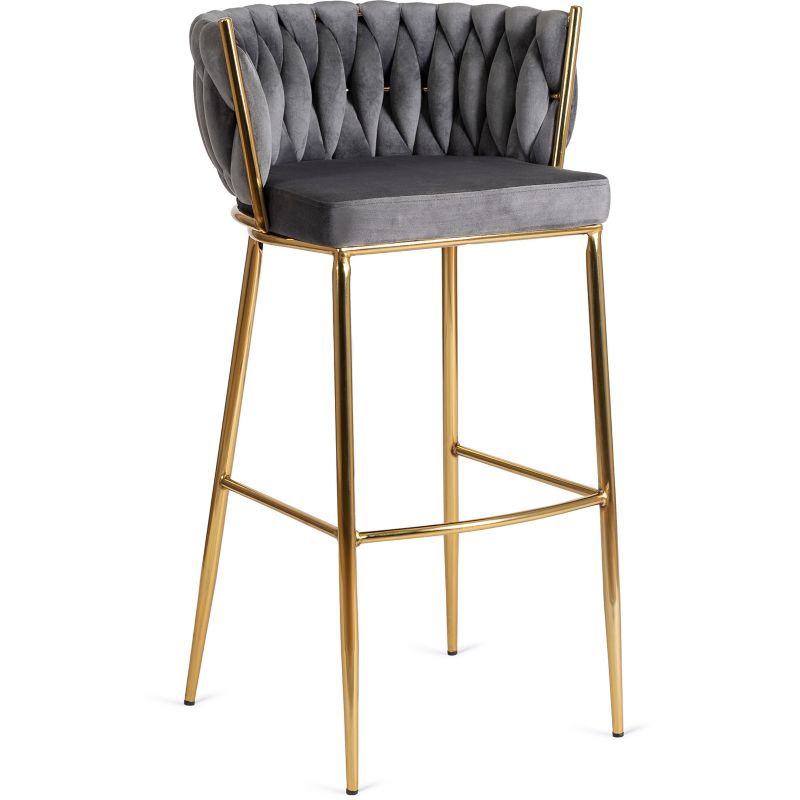 Krzesło Barowe Flores 2 Welurowe Plecione ze Złotymi Nogami Szare 1 szt